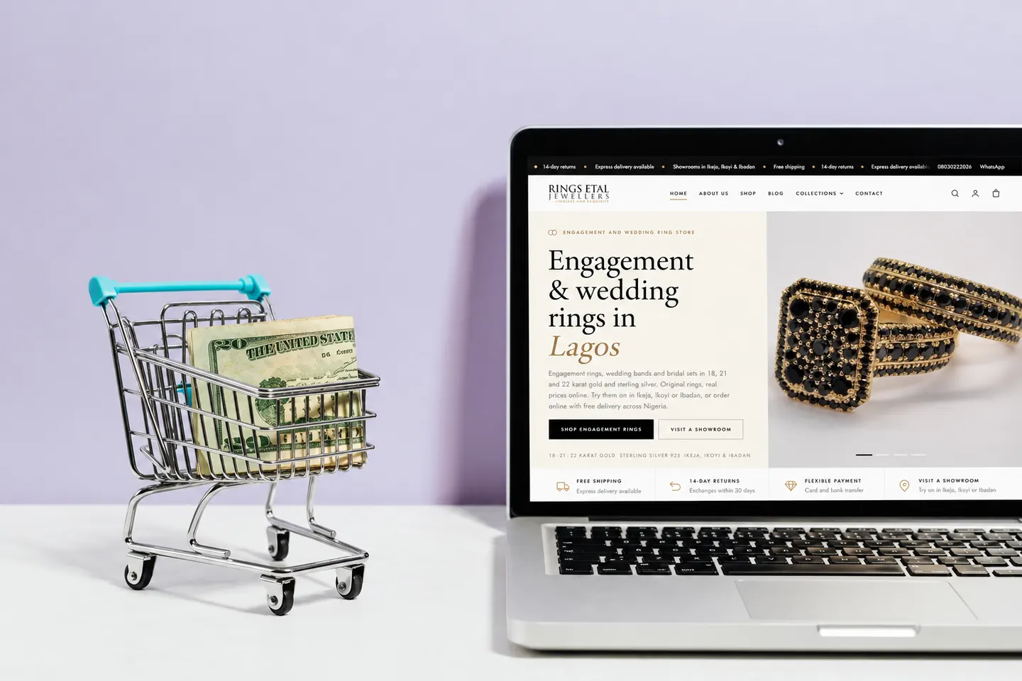 Jewellery Retailer online storefront shown on a laptop beside a miniature shopping cart