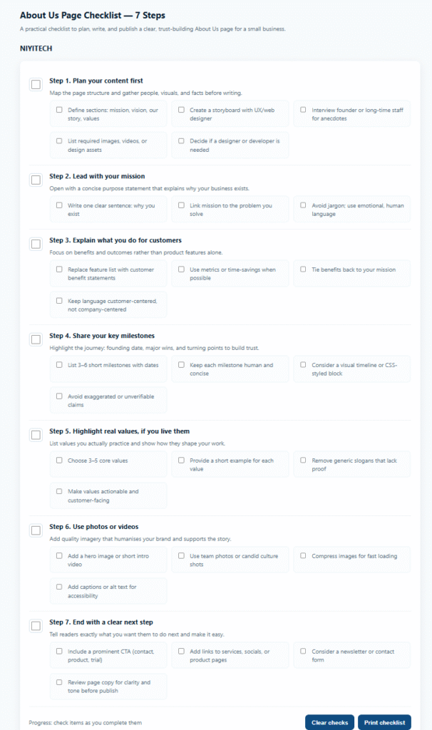 How to Write an about us page for a small business website checklist
